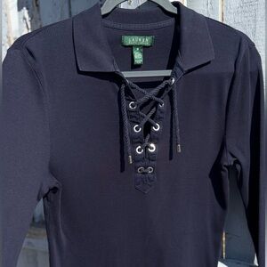 Lauren Ralph Lauren Navy Lace-Up Top Medium Women’s Shirt Ribbed Texture Coastal